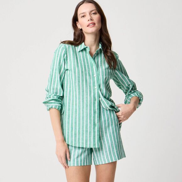 J. Crew Tops - J.CREW Striped Linen-Blend Button-Up Shirt S White/Bright Clover Green NWT B45